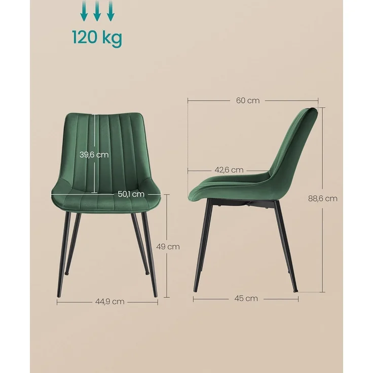 SONGMICS Esszimmerstuhl 2er Set, Küchenstuhl, Samt,Polsterstuhl, bis 120 kg belastbar, Stahlbeine, Gebogene Rückenlehne, für Esszimmer, Küche, grün-tintenschwarz LDC090C01 – Bild 3