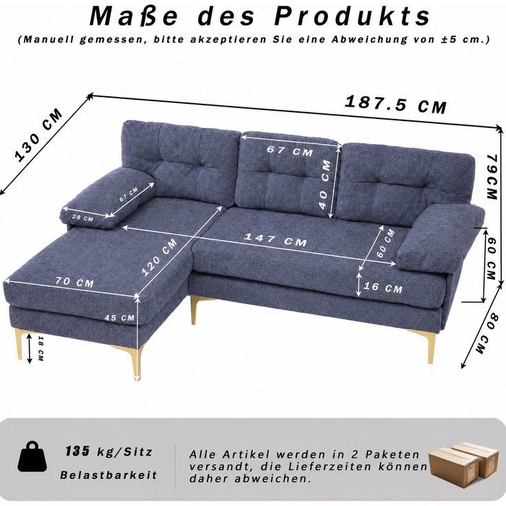 EINHOM 187, 5 cm L-förmiges Sofa, dreisitzig mit 3 Sitzkissen, austauschbare Liegeseite links/rechts, gepolsterte Armlehnen, Chenille-Stoff, Metallfüße, blau – Bild 6