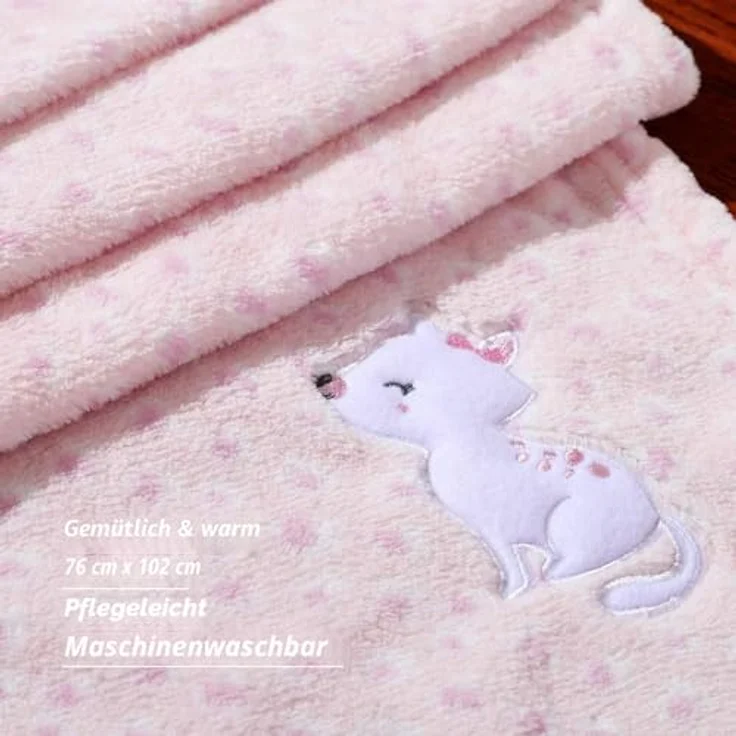 CREVENT Flauschige, warme Fleece-Decke für Mädchen, Kleinkinder, Kinderbett, Kinderwagen, 75x100 cm, rosa Katze – Bild 5