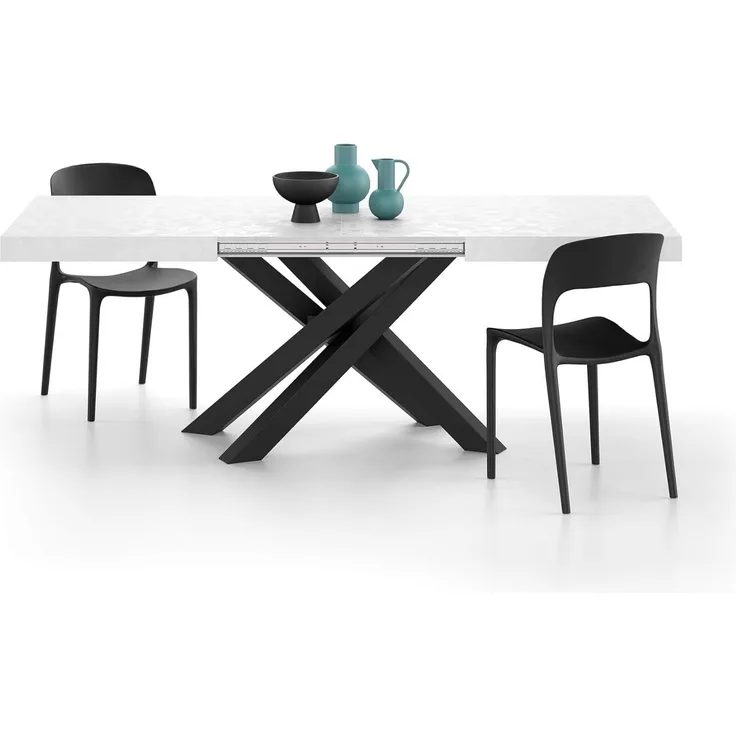 MOBILI FIVER, Ausziehbarer Tisch Emma 140, weißer Beton, mit schwarzen X-Beinen, Laminiert/Eisen, Made in Italy