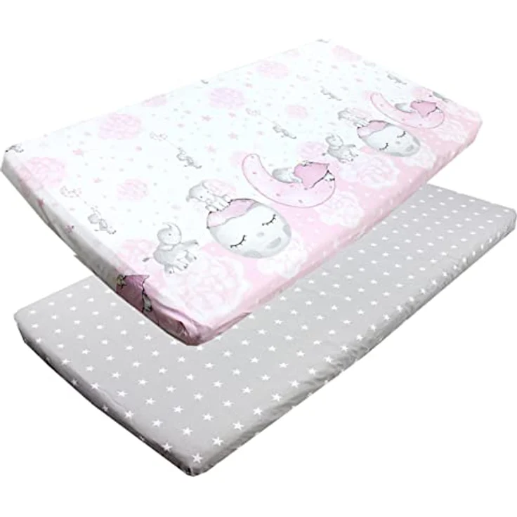 TupTam Spannbettlaken Baby, für Babybett/Kinderbett, 2er Pack, Mond mit Elefant / Rosa / Sterne / Grau, 60 x 120 cm – Bild 2