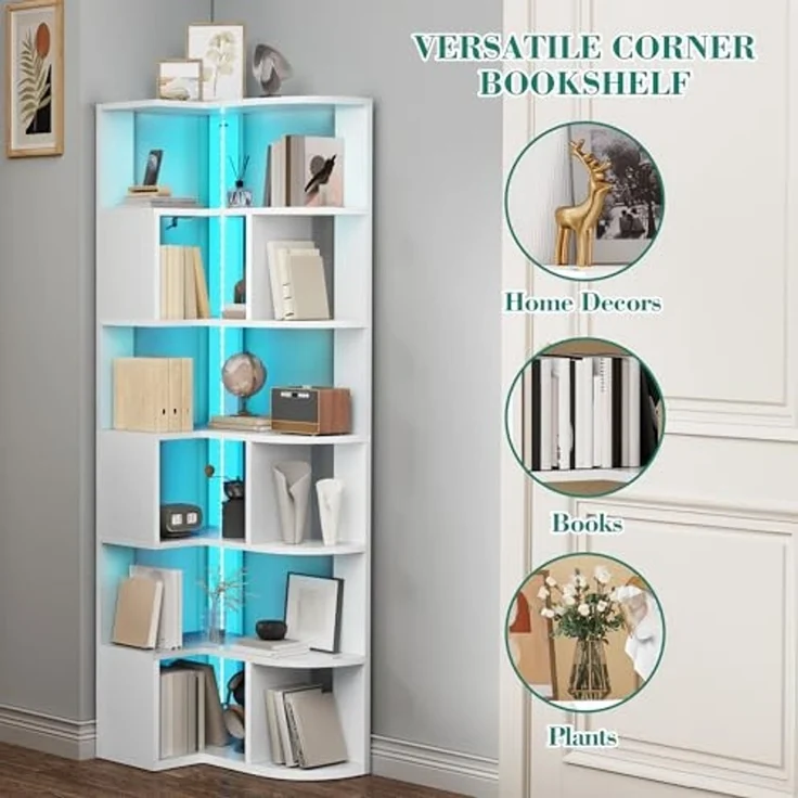 YITAHOME eckregal weiß mit Beleuchtung, 7 Etagen bücherregal, L-förmiges eckregal stehend, Corner Shelf, led Regal für Büro, Arbeitszimmer, Wohnzimmer, Schlafzimmer, L64 × W41.5 × H180 cm – Bild 5