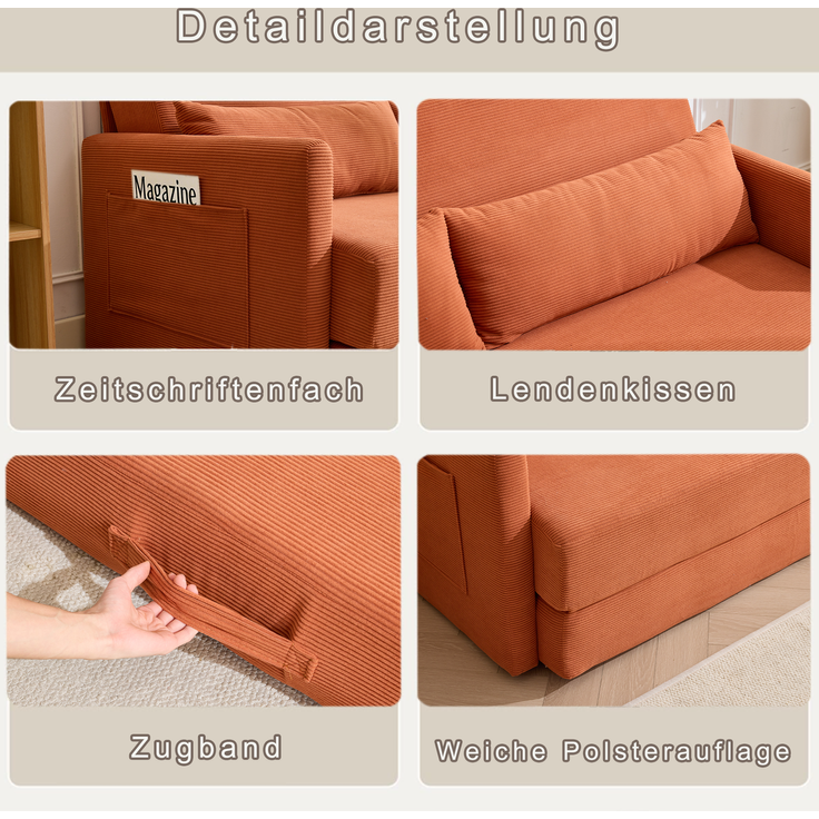 ZUBALIYA Schlafsofa 92x82 cm, mit Stauraum, mit Samtbezug, mit Cordbezug, mit breiten Armlehnen, mit Schaumstoffpolsterung – Bild 4
