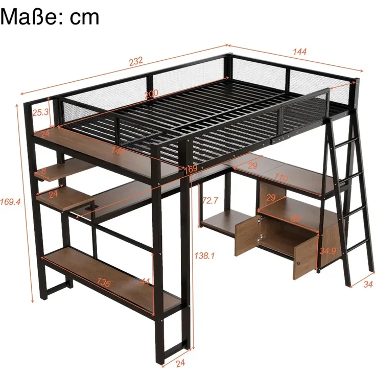Hochbett mit Eckschreibtisch, LED-Streifen, PC-Ständer, Steckdose, USB, Rausfallschutz, Regal, Schrank, 140x200cm, Kinderbett, Jugendbett, Metallbett – Bild 3