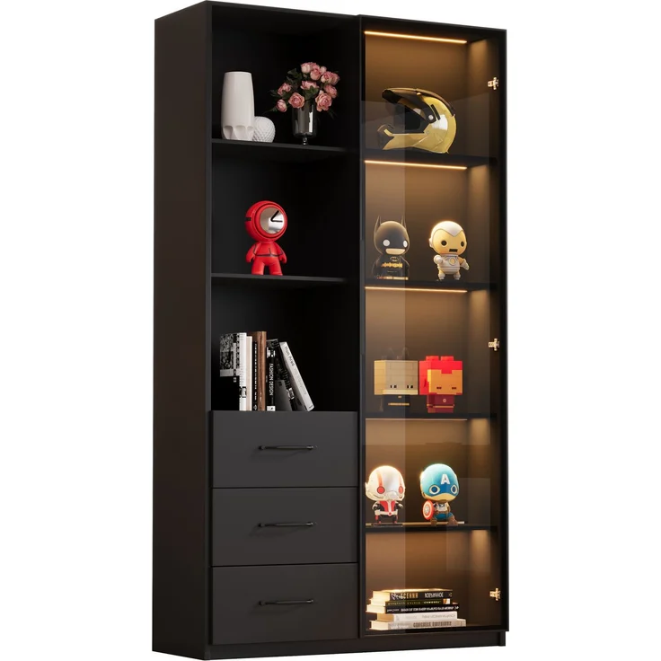 Vitrine 80 x 40 x 160 cm mit LED-Beleuchtung, Glastür und 3 Schubladen – Bild 2