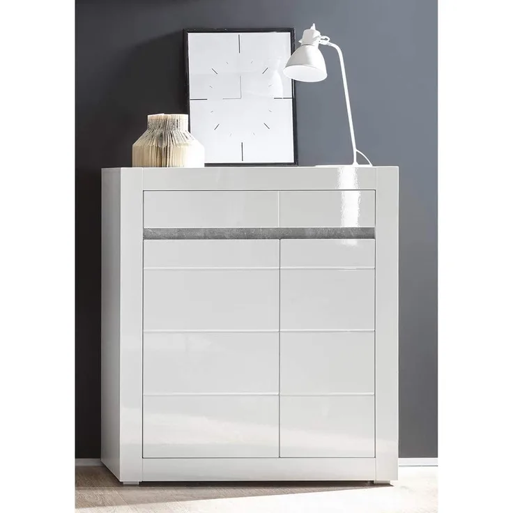 Lomadox Highboard COGO-61, in weiß Hochglanz mit Griffmulden in Betonoptik BxHxT: 100x112x35cm