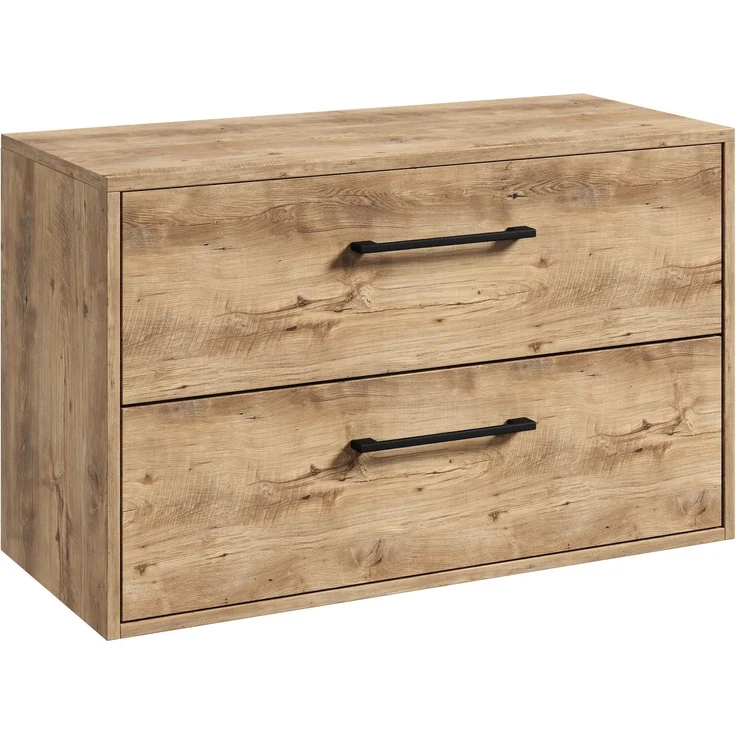 Badplaats Waschtischunterschrank Florence 80 x 46 cm – Kastanie Eiche – Hängender Unterschrank mit 2 Schubladen und schwarzen Griffen – Bild 1