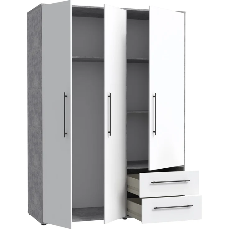 Drehtürenschrank >MOKKARIS< in Betonoptik / Weiß - 144,4x200,1x58,8cm (BxHxT) – Bild 5