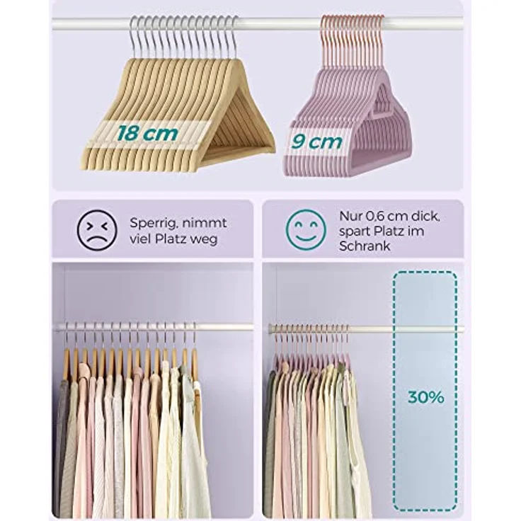 SONGMICS Kleiderbügel Samt, 50er Set, rutschfest, platzsparend | Bügel, 43,5 cm lang, 0,6 cm dick, kleine Stange für Krawatten, 360° drehbarer, Lila + Roségold ,BREANNA Kollektion CRF021GP50 – Bild 6
