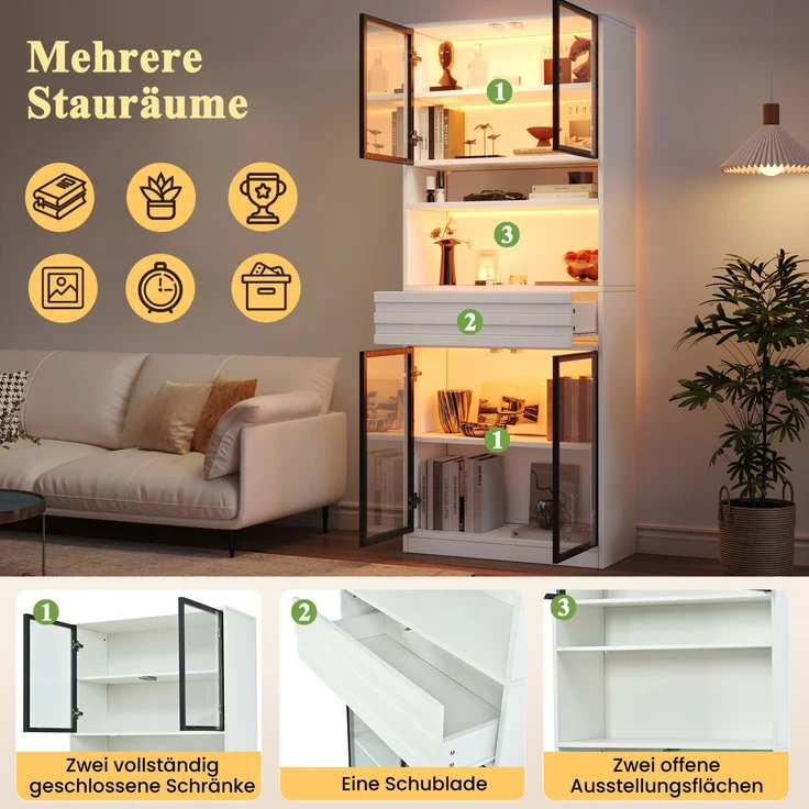 Vitrine 80 x 35 x 200 cm in Weiß mit 4 Glastüren und App-gesteuerter LED-Beleuchtung – Bild 9