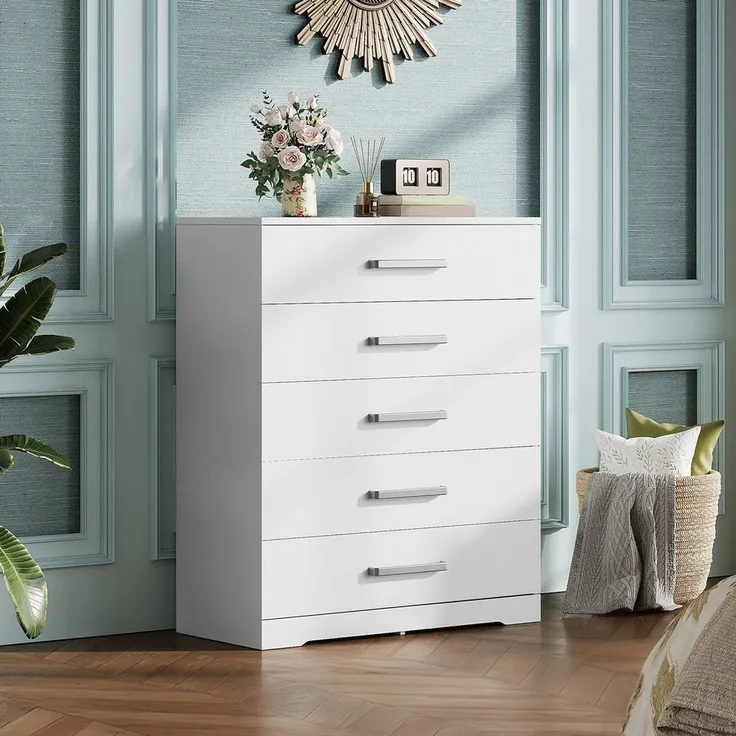 WLIVE Kommode mit 4/5 Schubladen, Moderne Schubladenkommode (Packung, Modernes Sideboard mit 5 Schubladen und 4 Fächern, Breite 75 cm), Vielseitiger Schubladenschrank für Schlafzimmer, Flur & Kinderzimmer