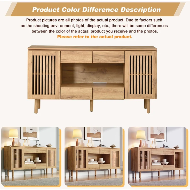 ZUBALIYA Sideboard 140x35x71 cm, mit 4 Schubladen, aus MDF, Natur – Bild 12