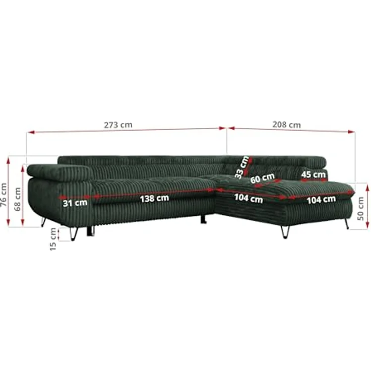 Mks Möbel 'Peter L-form' Ecksofa mit Bettfunktion, Bettkasten & einstellbaren Kopfstützen, Grün, Cord, rechts – Bild 4