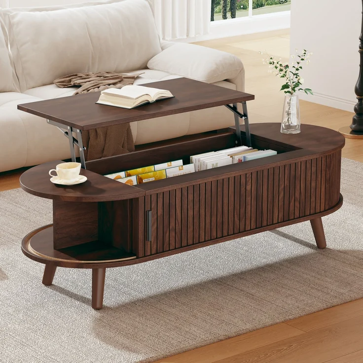 Abrihome Anhebbarer Couchtisch mit Stauraum und 5 Ablageflächen, Braun, 39x50x120 cm – Bild 3