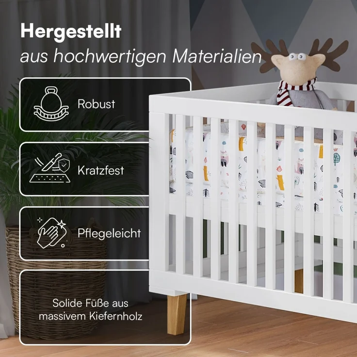 Bellabino 'Liri' Babybett 70x140 cm, weiß, 3-fach höhenverstellbar, Kinderbett umbaubar zum Juniorbett (inkl. Umbauseiten) – Bild 4