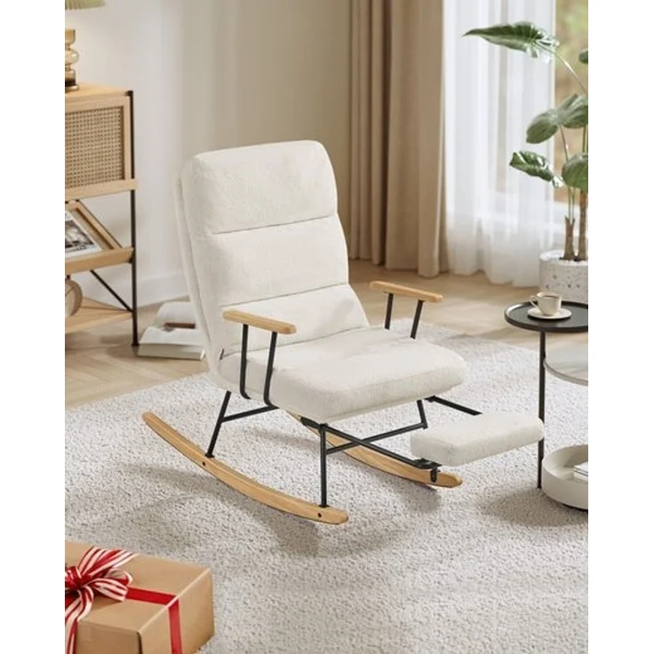SONGMICS HOME Schaukelsessel, mit Massivholzfüßen, Schaumstoffpolsterung, Fleece, Kautschukholz, Stahl, Cremeweiß, 97 x 67 x 100 cm – Bild 2