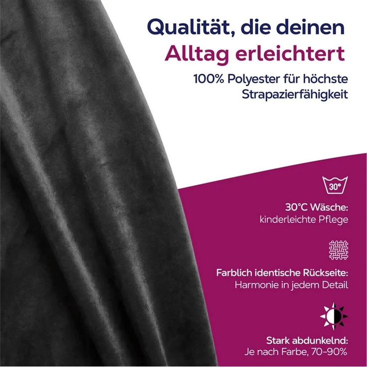 Beautex Verdunkelungsvorhang Samt Vorhang Kräuselband U-Band Gardine Velvet abdunkelnd (1 St), Hakenaufhängung, abdunkelnd, Weicher Samtstoff, lichtmindernd, pflegeleicht, blickdicht – Bild 3