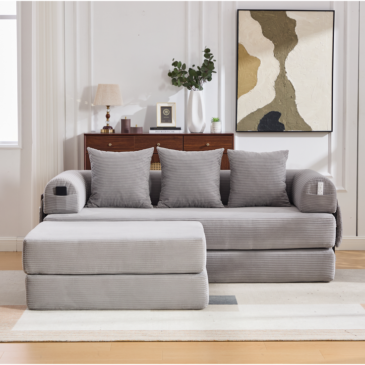 Modulares Cordsofa mit Hocker, Metallgestell & Seitentasche, 200x190x67 cm, Hellgrau – Bild 2