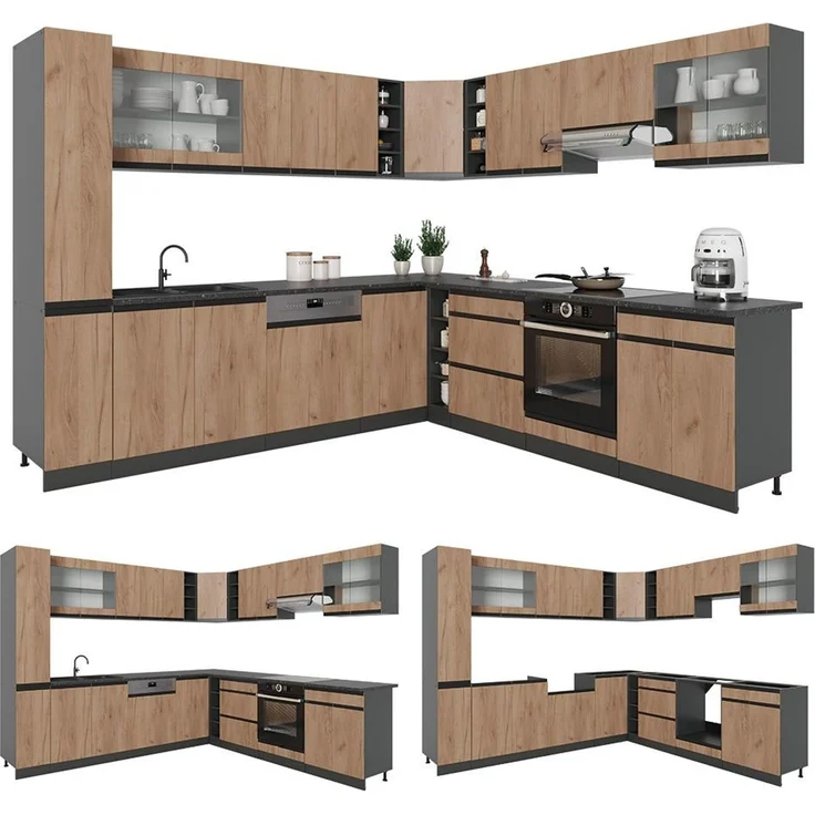 Eckküche R-Line Goldkraft Eiche/Anthrazit 277 x 257 cm J-Shape, AP Marmor Vicco – Bild 6