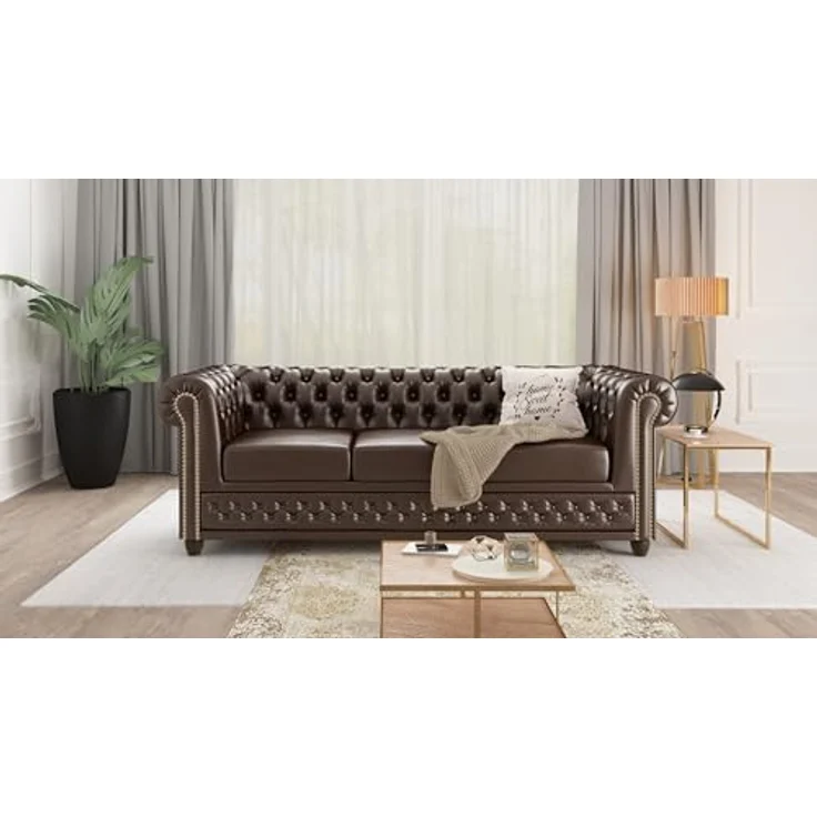 S-Style Möbel Chesterfield-Sofa Jeff 3-Sitzer aus veganem Leder mit Holzfüßen, mit Wellenfederung – Bild 6