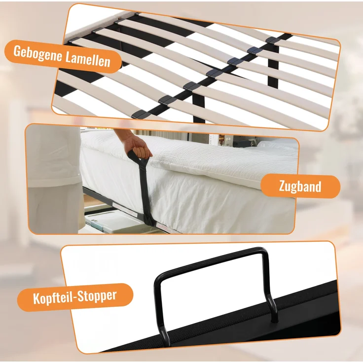 Doppelbett mit praktischer Klapp-Funktion, Leinen, 140x190 cm, Grau, ohne Matratze – Bild 6