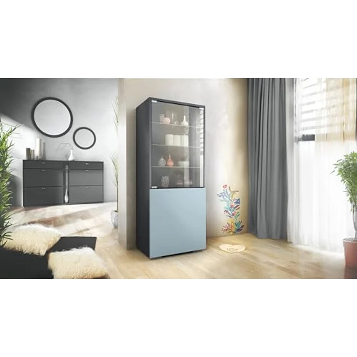Vladon Standvitrine Granada (Vitrinenschrank, mit Glastür und Glaseinsatz) Anthrazit matt/Denim matt (50 x 122,5 x 34,5 cm) – Bild 3