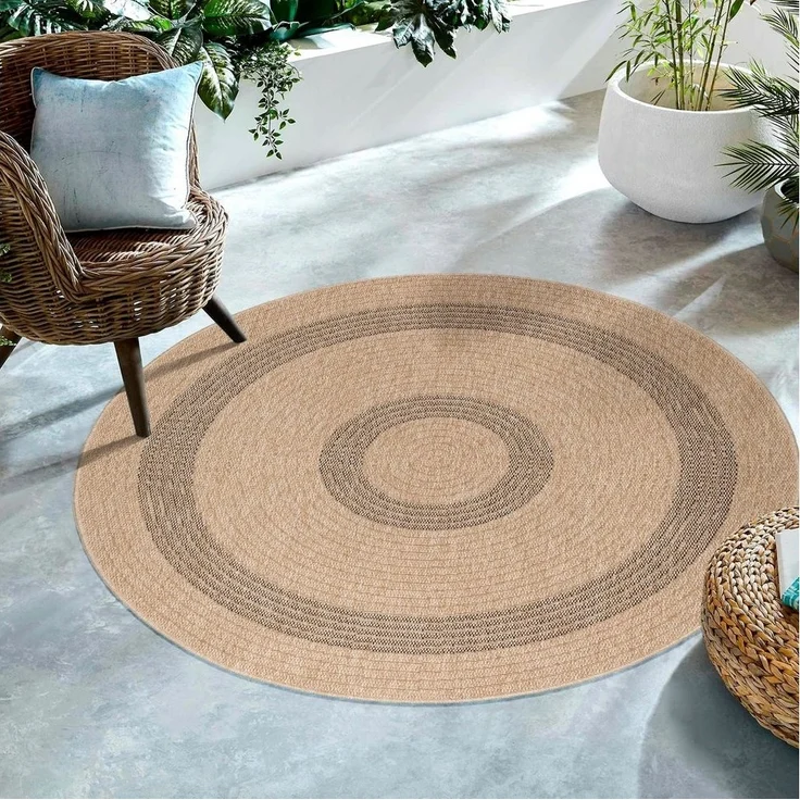 SIMPEX24 Outdoorteppich Vintage Design, Rund, Höhe: 5 mm, Runder Teppich Vintage Design Naturfarben für Terrassen Küchen Balkon – Bild 1