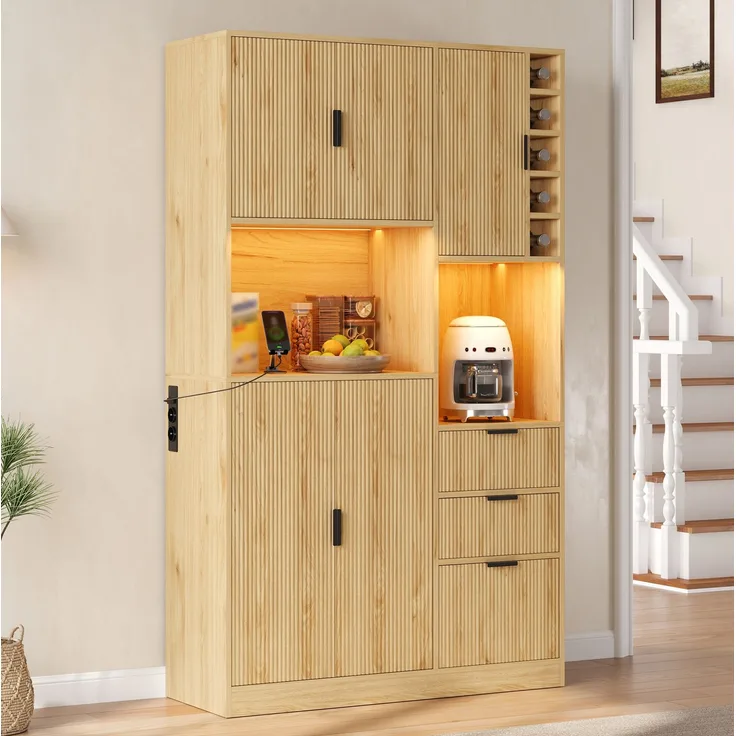 Küchenbuffetschrank aus MDF mit Weinregal und LED-Beleuchtung, 105x40x180 cm, Natur