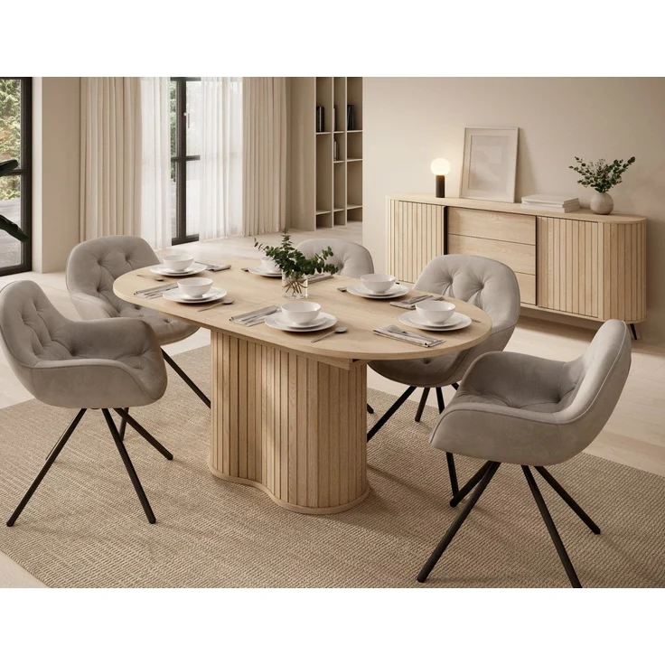 Compleo Esstisch Eiche cremona, kegelförmige Basis, Design-Rundtisch mit Lamellen (Oval), ausziehbar 180-220 cm – Bild 2