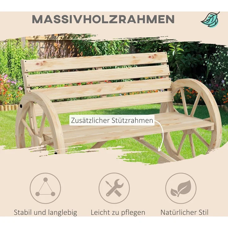 Outsunny Gartenbank 2-Sitzer Sitzbank Holzbank Wagenrad mit Armlehne Landhausstil Tannenholz Naturholz 105,5 x 56 x 79 cm – Bild 4
