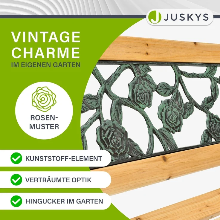Juskys Gartenbank Venezia – 2-Sitzer Holzbank mit Armlehnen & Rückenlehne – wetterfeste Sitzbank 122x54x73 cm - Seitenelemente aus Gusseisen – Bild 9