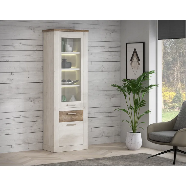 FORTE Duro Vitrine, Holzwerkstoff, Weiß/Beige/Braun, 71,4 x 212 x 41,3 cm
