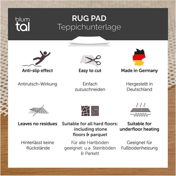 Blumtal Antirutsch Teppichunterlage Antirutschunterlage - unsichtbare Antirutschmatte, Universal Stopper, (individuell zuschneidbar, rutschfest, 2-St), Fußbodenheizung geeignet, Ohne Weichmacher - Made in Germany – Bild 2