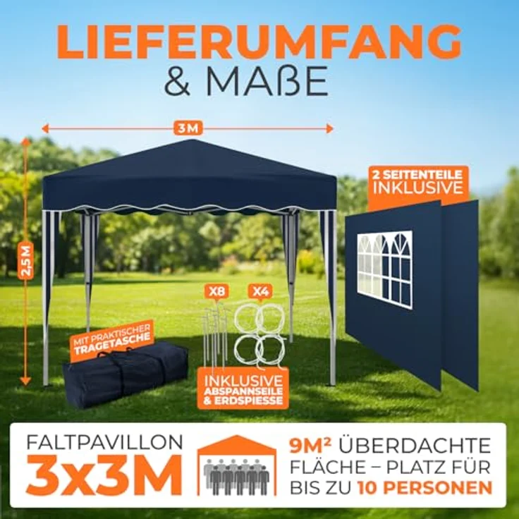 Faltpavillon 3x3 m - wasserdicht - mit 2 Seitenteilen, blau – Bild 3