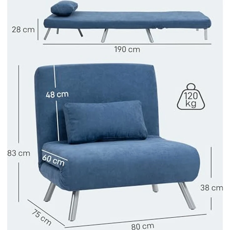 HOMCOM Schlafsofa mit verstellbarer Rückenlehne, abnehmbar Kissen, Samtoptik, 3-in-1 Schlafsessel 1 Teile, bis 120 kg, für Wohnzimmer, Schlafzimmer Blau – Bild 4