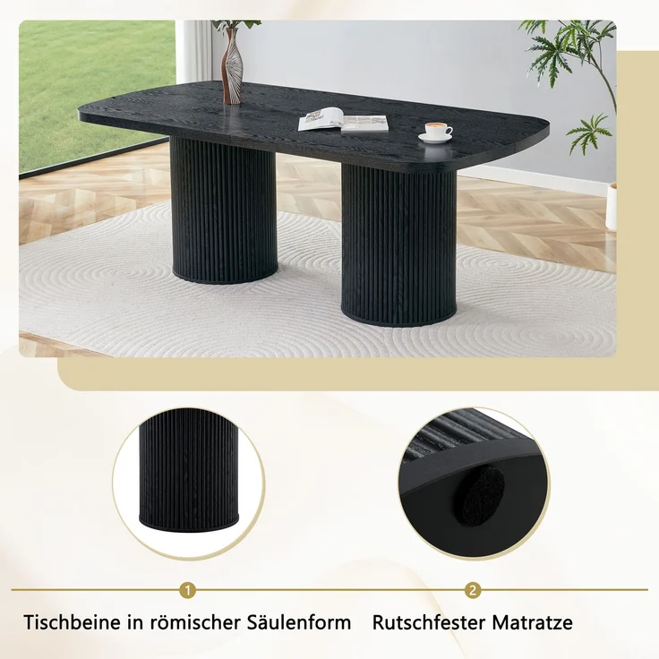 Esstisch 180x90x76 cm mit ovaler Tischplatte und geriffeltem Zylinderfuß, MDF in Schwarz – Bild 5