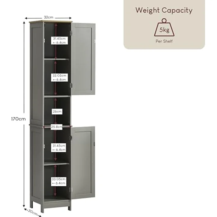 Bath Vida Priano Badezimmer Schrank Aufbewahrung Wandschrank Badschrank Freistehend Holzen Hochschrank, Grau, Regale – Bild 3