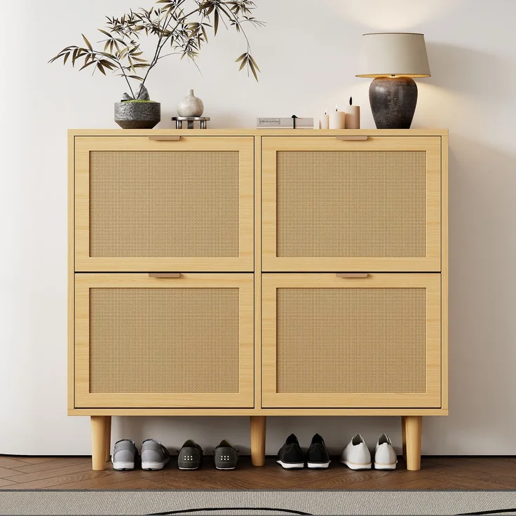 Abrihome Schuhkommode mit Rattan-Schubladen, Hellbraun, 26x43x114 cm