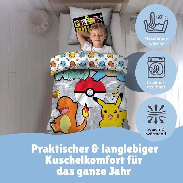 Flanell-Bettwäsche Pokemon Rock 135x200 80x80 cm in Grau mit Pikachu, Glumanda, Shiggy und Bisasam aus 100% Baumwolle – Bild 2