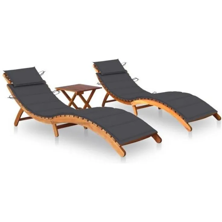 vidaXL Sonnenliegen 2 Stk. mit Tisch und Auflagen Massivholz Akazie 3077376