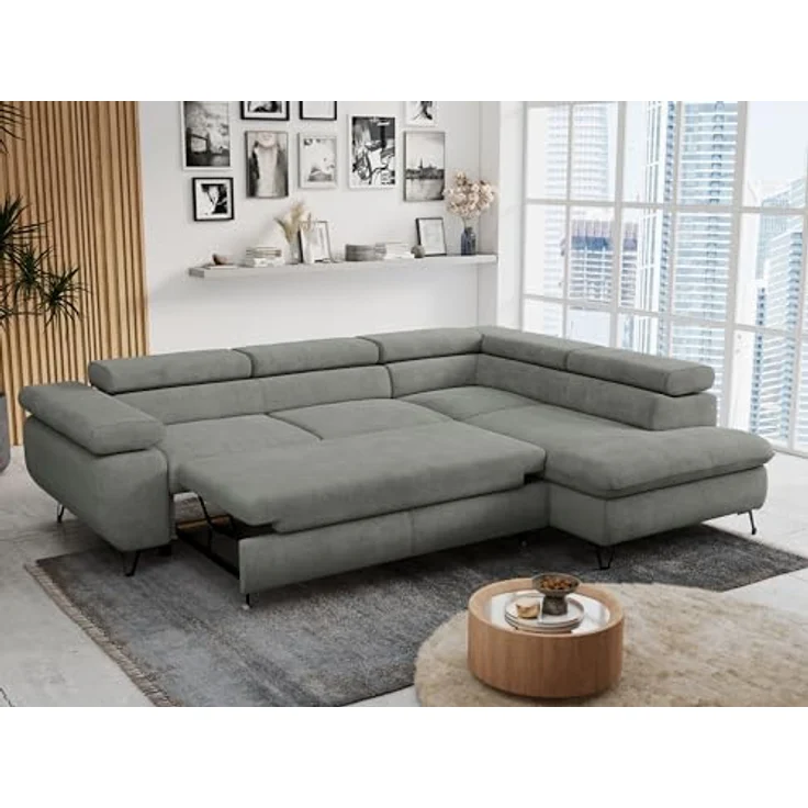 Mks Möbel 'Peter L-form' Ecksofa mit Bettfunktion, Bettkasten & einstellbaren Kopfstützen, Grau, Stoff, rechts – Bild 6