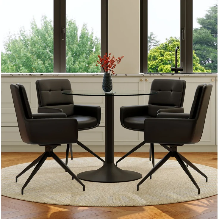Essgruppe mit Glastisch Ø 85x76 cm und drehbaren PU-Stühlen, Schwarz/Transparent – Bild 3