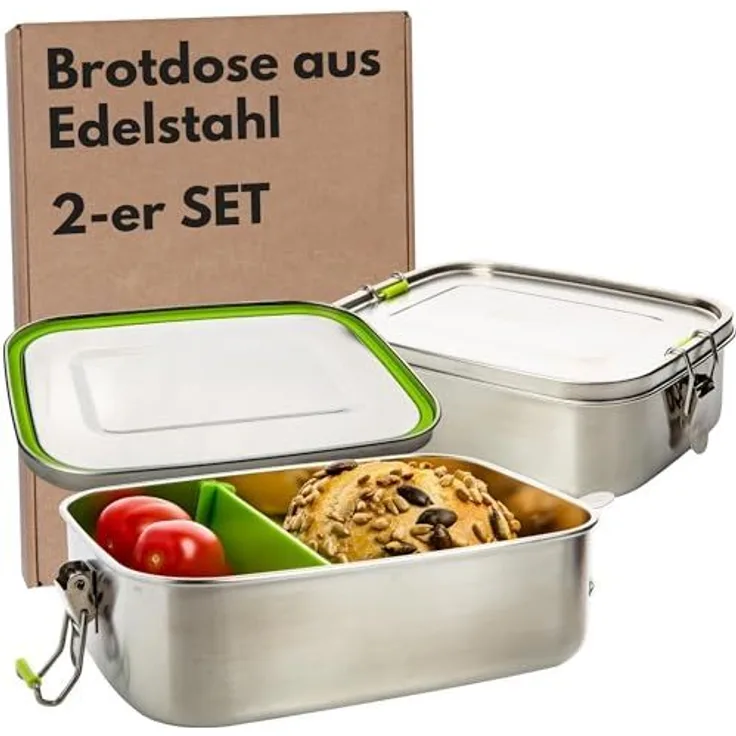 Centi Frischhaltedose 1L Brotbüchse Frühstücksbox, Edelstahl, (2er-Set), mit Fächern und Verschluss