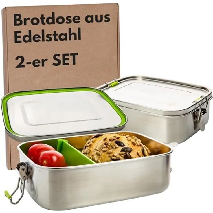 Centi Frischhaltedose 1L Brotbüchse Frühstücksbox, Edelstahl, (2er-Set), mit Fächern und Verschluss – Bild 1