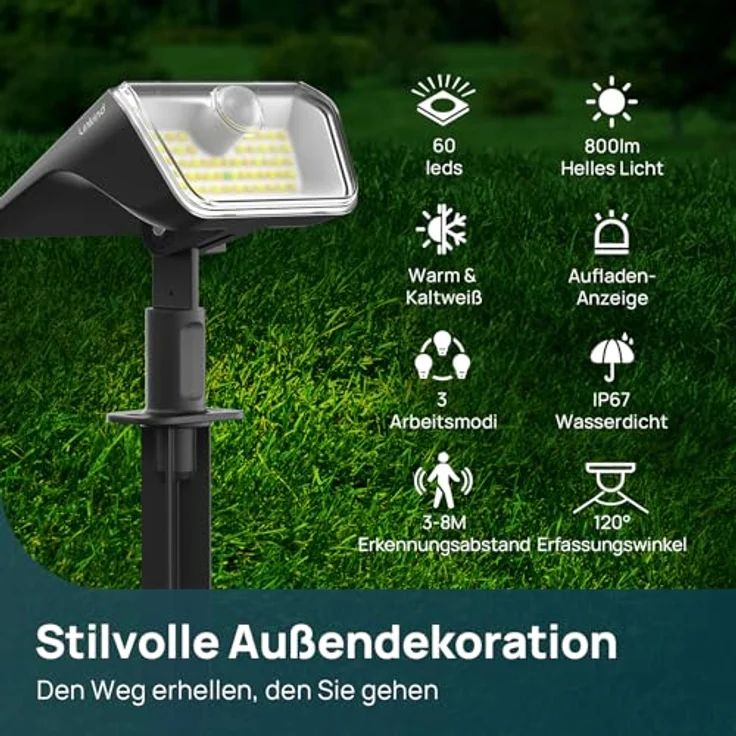 Linkind solarlampen 2 in 1 Solar Strahler Außen mit Bewegungsmelder 3000K & 6500K, 60-LEDs Außen Gartenstrahler mit Dauerlicht und Lade-anzeige, IP67 Wasserdicht Solar Wegelampen 8M/120°, 3 Stück – Bild 3