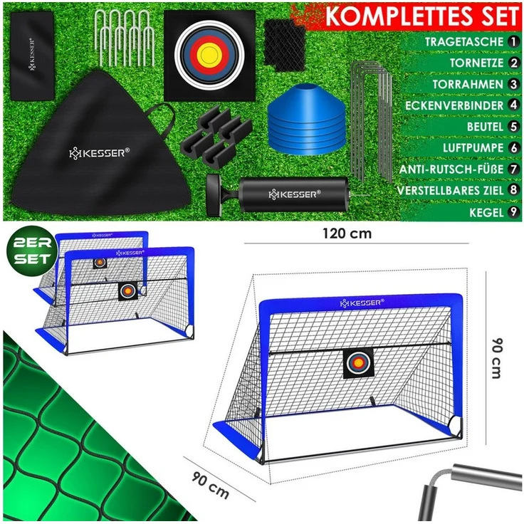 KESSER Pop-Up Fußballtor, 2er Set, mit Transporttasche, 6x Hütchen, Ballpumpe & Zielscheibe, Glasfaserstangen, Blau, 120x90 cm – Bild 3