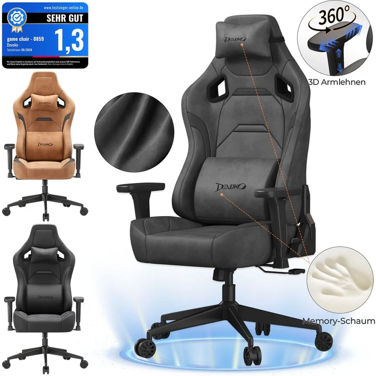 Gaming-Stuhl mit luxuriösem Wildlederimitat – ergonomisch, großzügige Sitzfläche, verstellbare Rückenlehne 90°–135°, 3D-Armlehnen,Grau – Bild 1