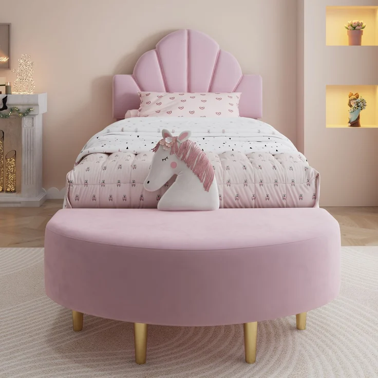Merax Polsterbett, 90 x 200cm Einzelbett, Kinderbett mit Samtkopfteil, Mit einer Bettbank in gleicher Farbe, Weiche Antikollisions-Schwammkante, Rosa – Bild 3