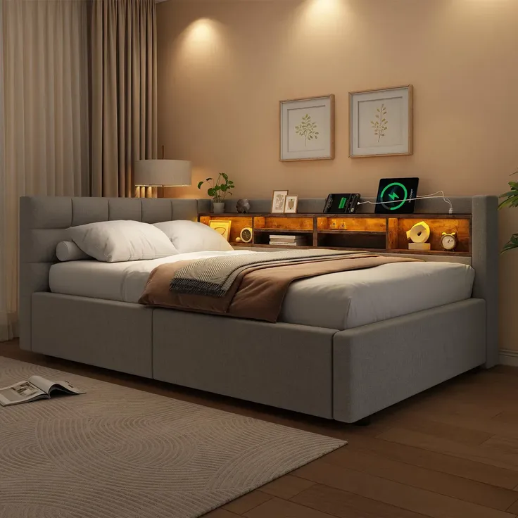 Polsterbett mit LED-Streifen, Lattenrost, Regal, Aufbewahrung, Type-C und USB, gepolsterter Kopfteil, 90x200 cm, Schlafsofa, Tagesbett, Leinen – Bild 3