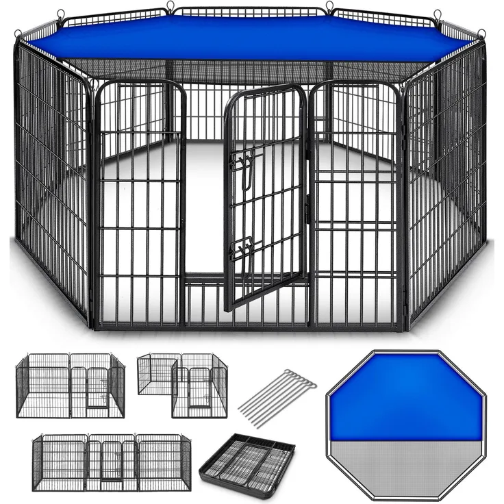 TRESKO® Welpenlaufstall mit Dach & Erdankern, 8-teilig, faltbar mit Tür, Aufbau werkzeugfrei, wetterfest, 60 cm hoch